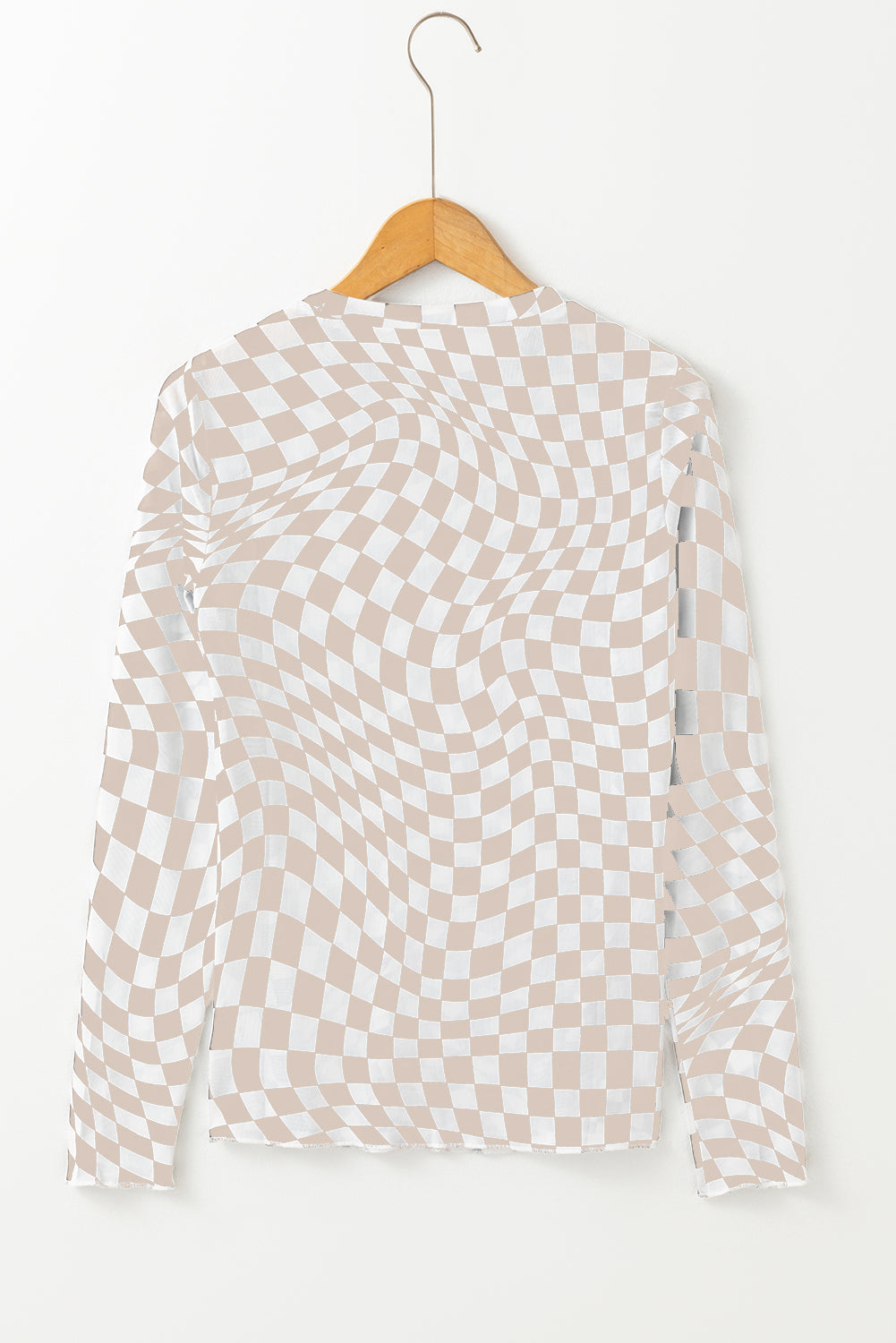 Khaki Checkered Pattern Mesh Mock Neck Long Sleeve Top