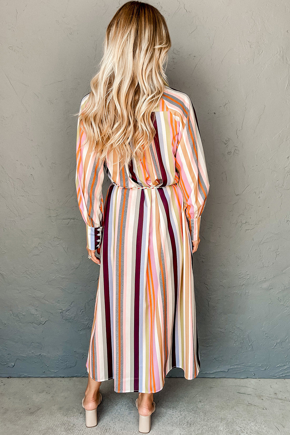 White Multicolor Striped Cuffed Sleeve Tassel Tied Shirt Maxi Dress