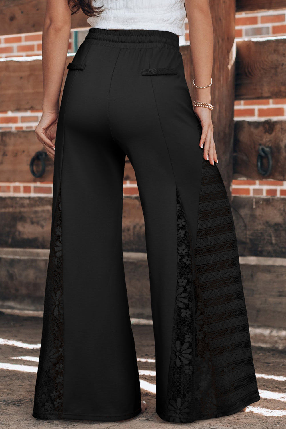 Black Boho Lace Patchwork Wide Leg High Waist Pants