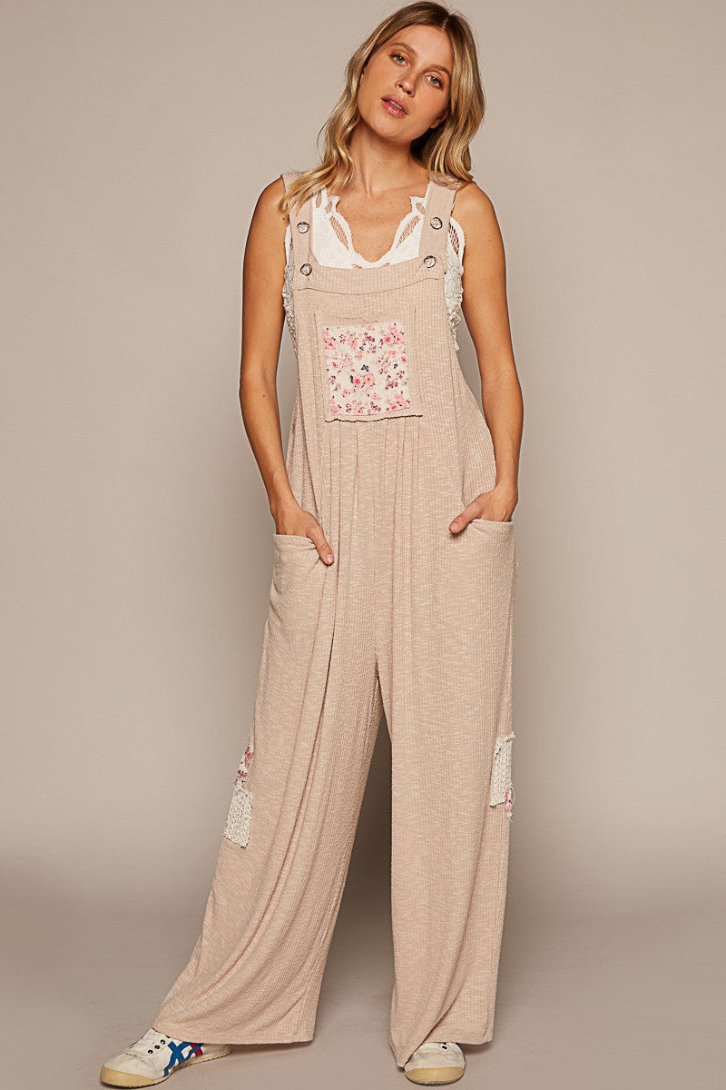 Jet Stream Floral Patchwork Ribbed Side Pockets Wide Leg Jumpsuit