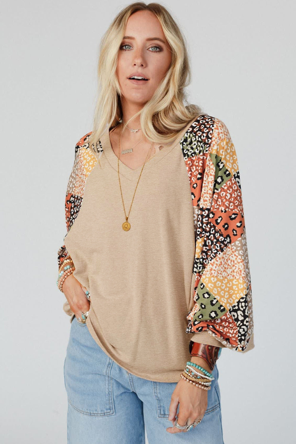 Parchment Contrast Printed Raglan Sleeves Patchwork V Neck Loose Top