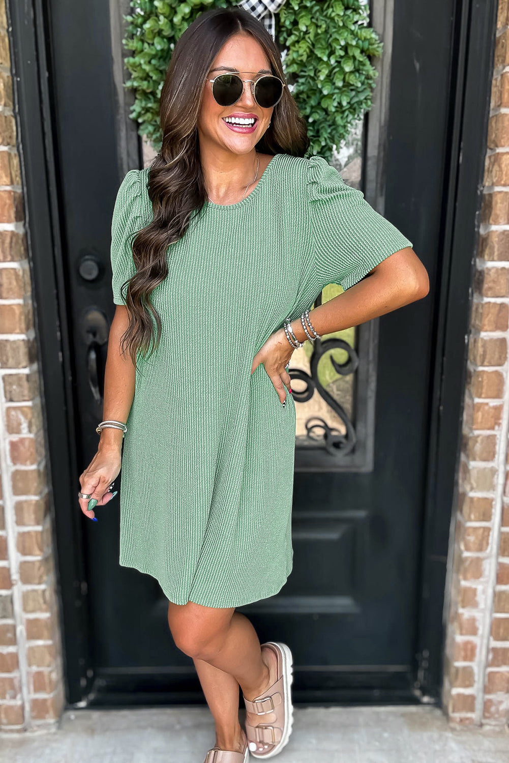 Mint Green Corded Knit Crew Neck Puff Sleeve Shift Mini Dress