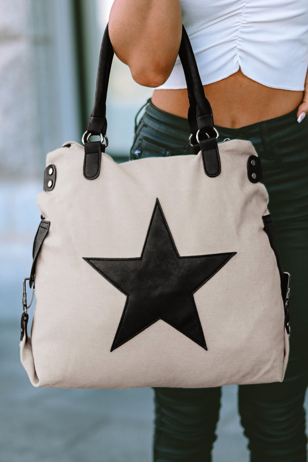 Beige Casual Five-Pointed Star Canvas Tote Bag