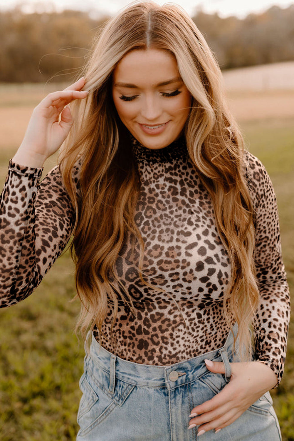 Brown Leopard Smocked Neck Mesh Long Sleeve Bodysuit