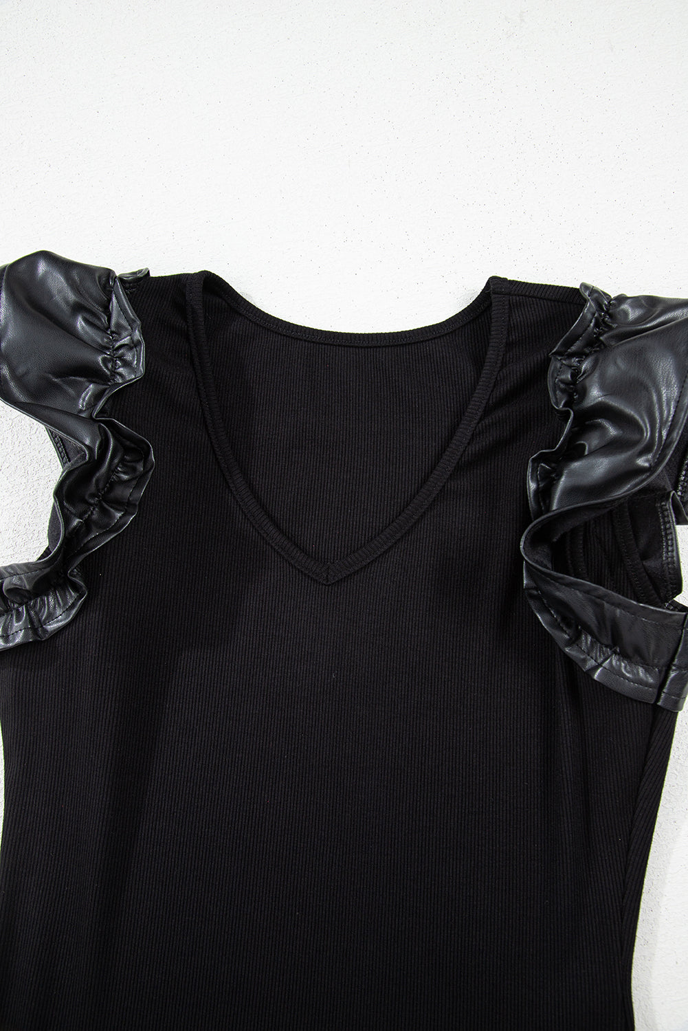 Black Leatherette Ruffle Patchwork Ribbed V Neck Bodysuit