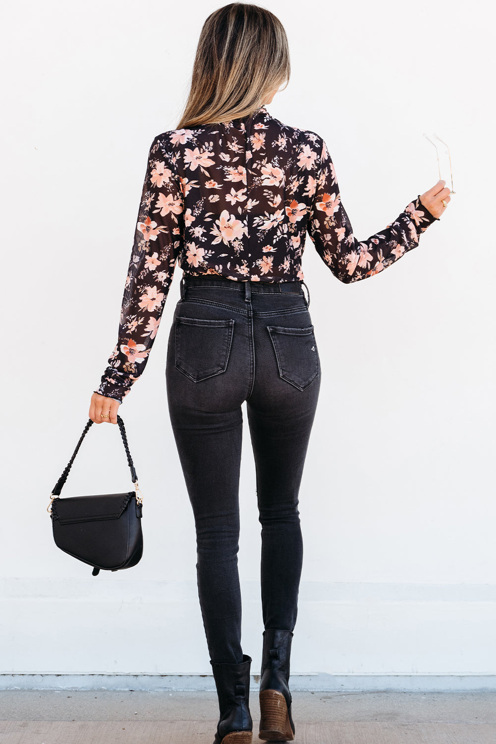 Black Floral Mesh Mock Neck Long Sleeve Slim Fit Top