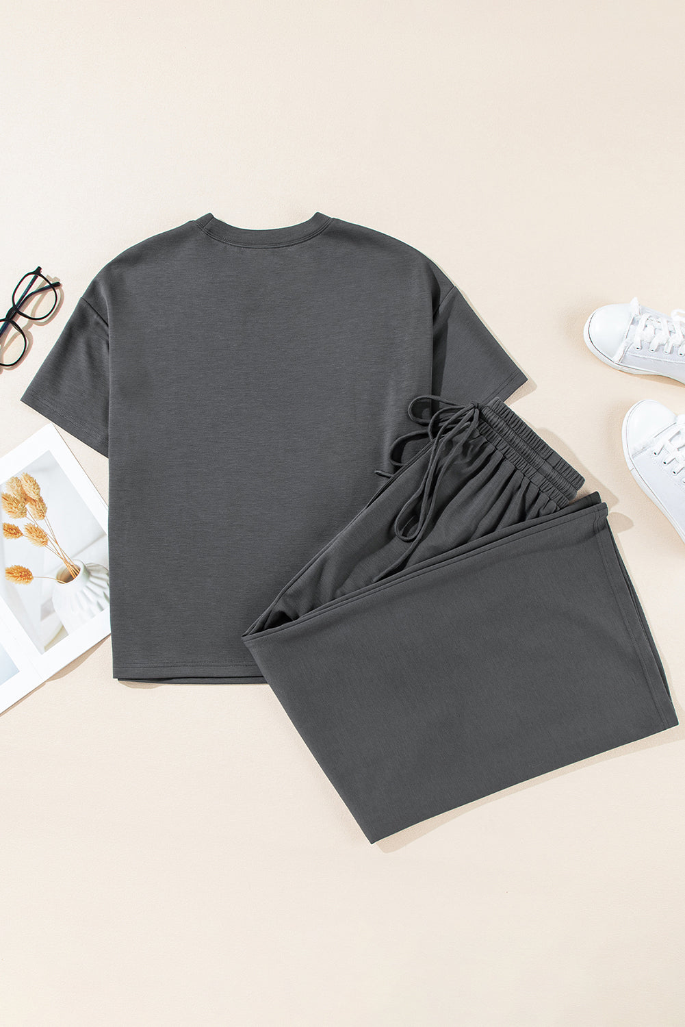 Dark Grey Drawstring Side Crewneck Tee and Loose Pants Set