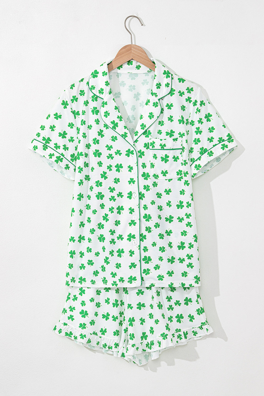 Green Clover Printed Short Sleeve and Ruffled Shorts Pajama Set