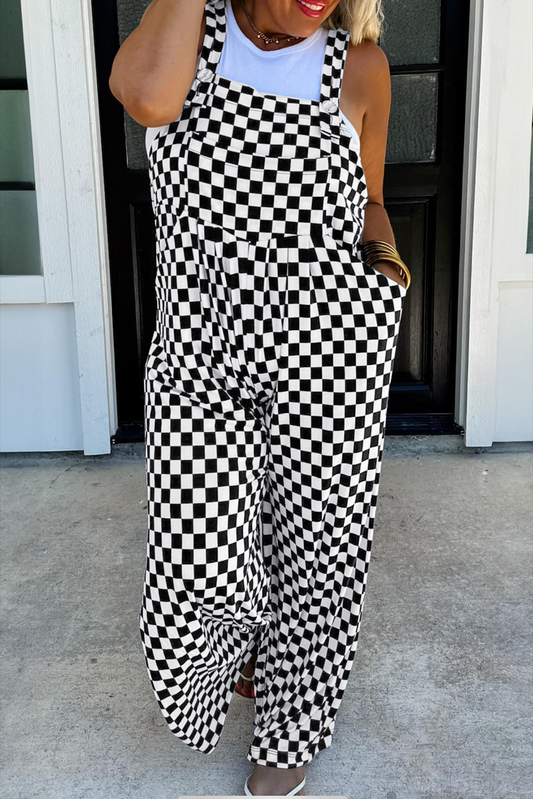 Black Checkered Print Pocketed Wide Leg Jumpsuit