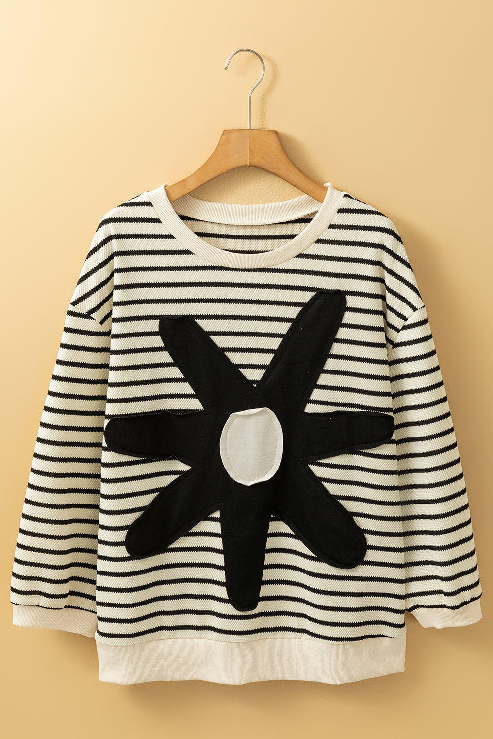 Black&White Striped Big Flower Patch 3/4 Sleeve Top