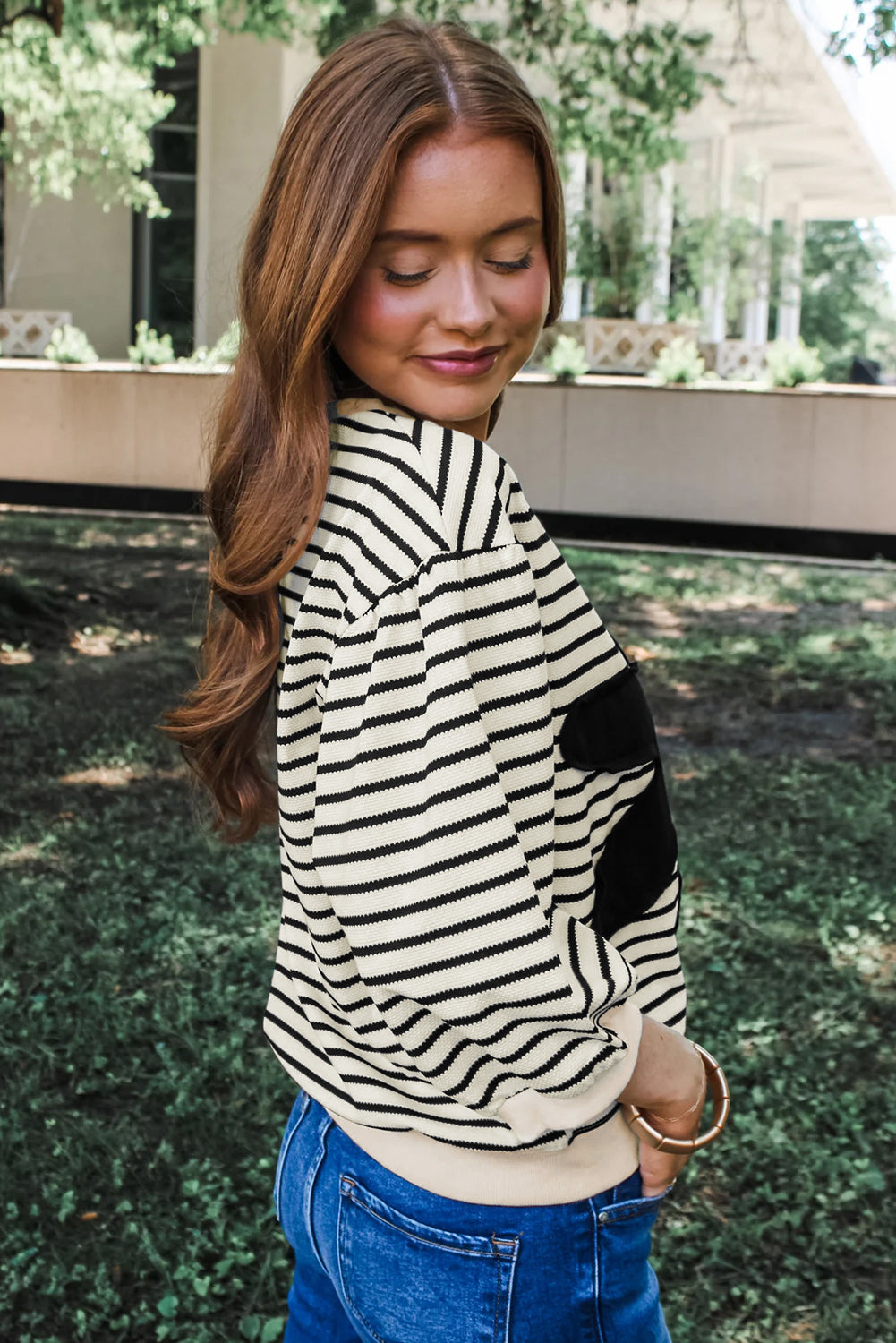 Black&White Striped Big Flower Patch 3/4 Sleeve Top