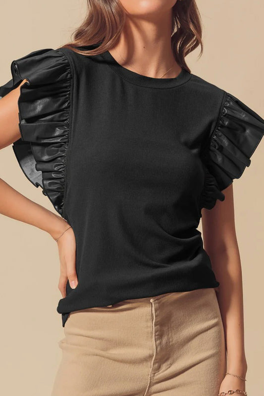 Black Leather Ruffle Sleeve Patchwork Round Neck Blouse