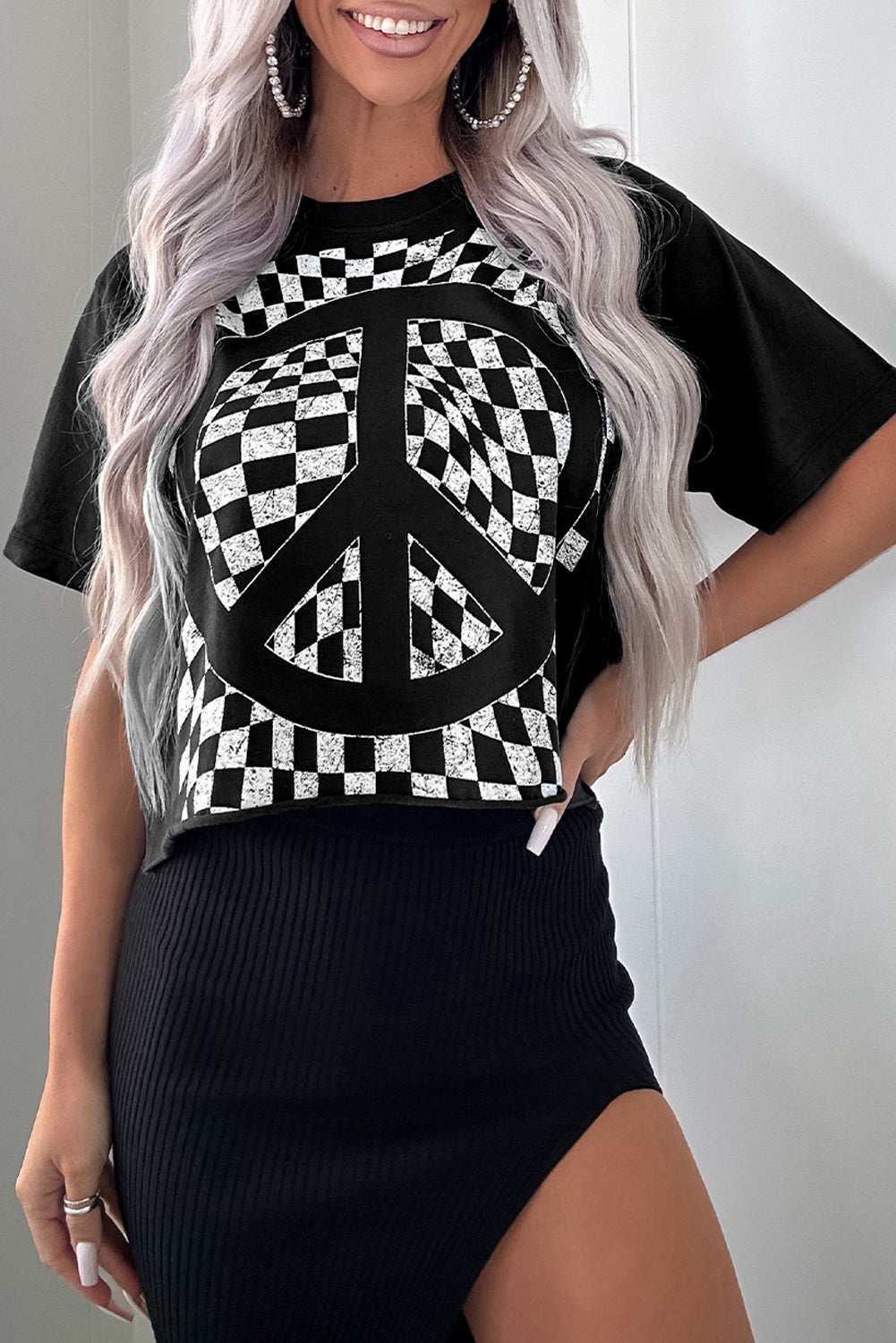 Black Checkerboard Peace Sign Printed Round Neck T Shirt