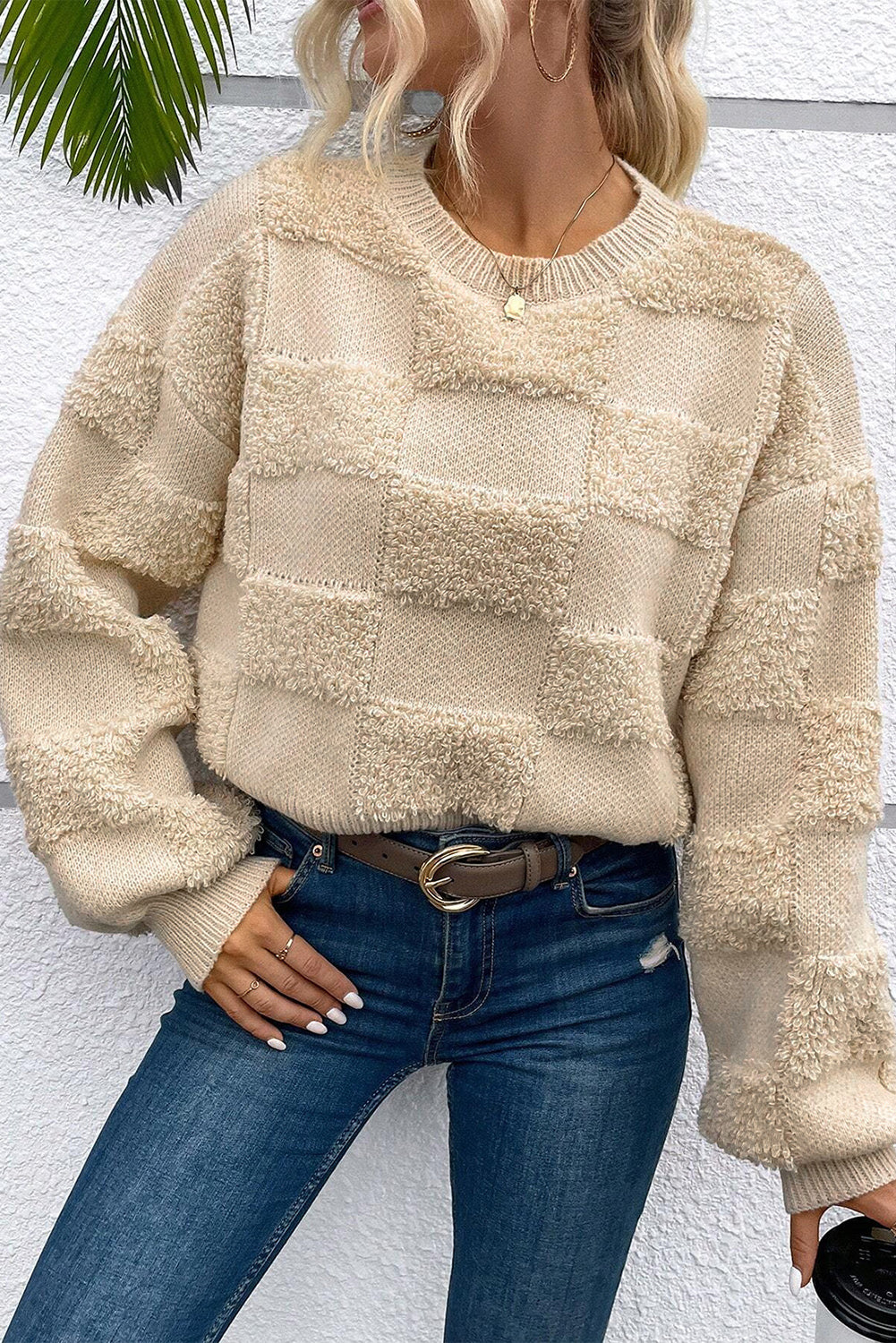 Parchment Checkered Sherpa Crew Neck Loose Sweater