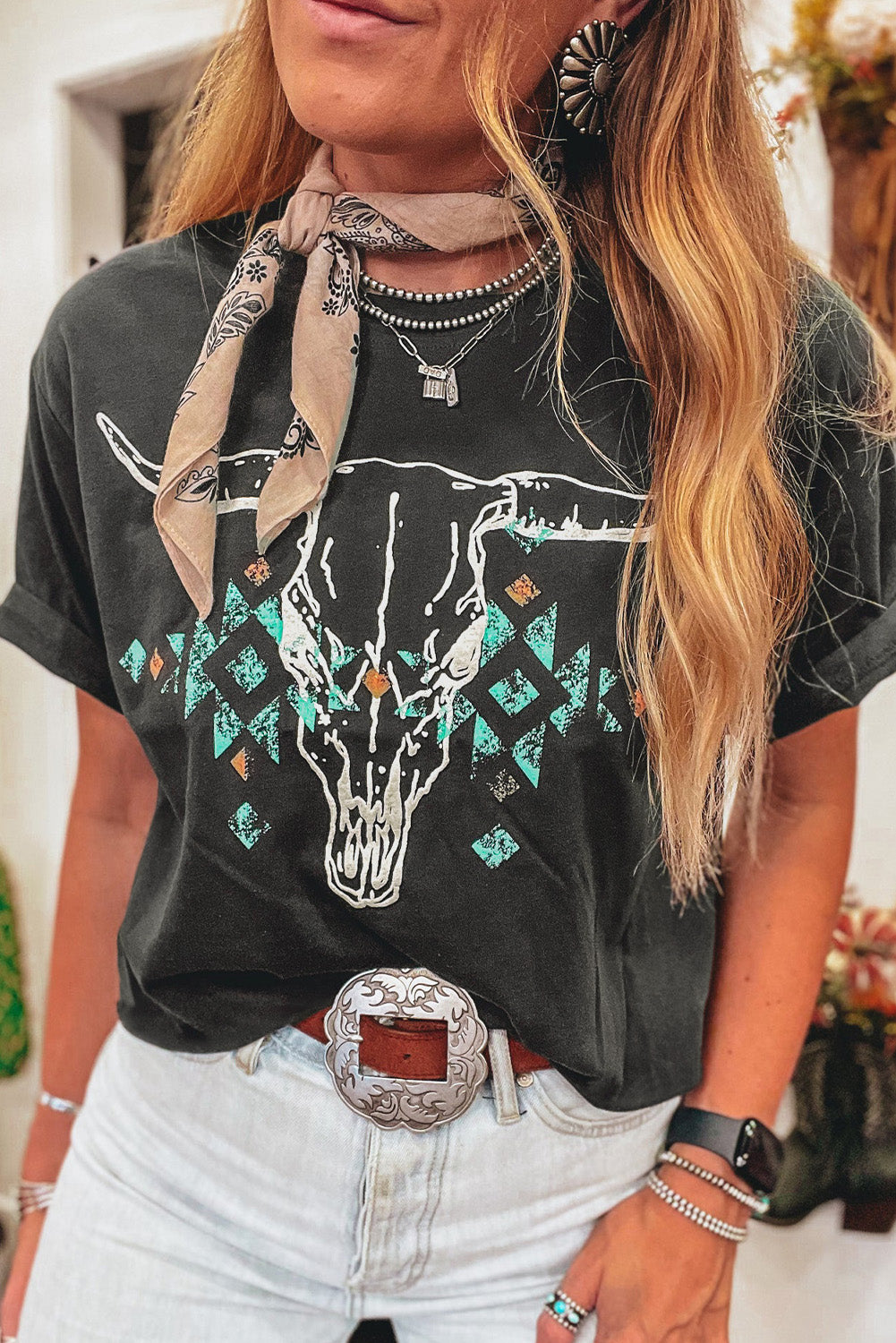 Carbon Grey Vintage Western Bull Head Skull Turquoise Aztec Graphic T Shirt