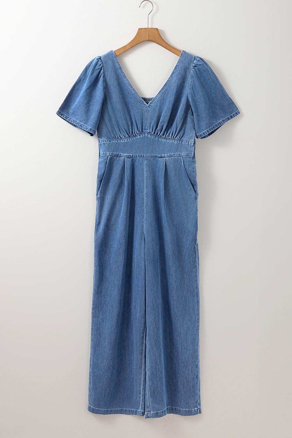 Ashleigh Blue V Neck Short Sleeve Smocked Back Denim Loose Jumpsuit