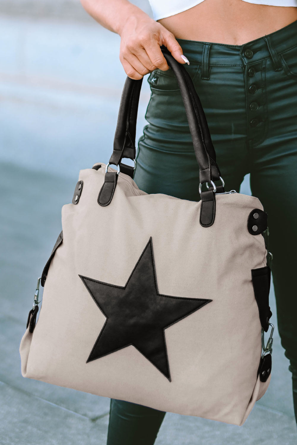 Beige Casual Five-Pointed Star Canvas Tote Bag