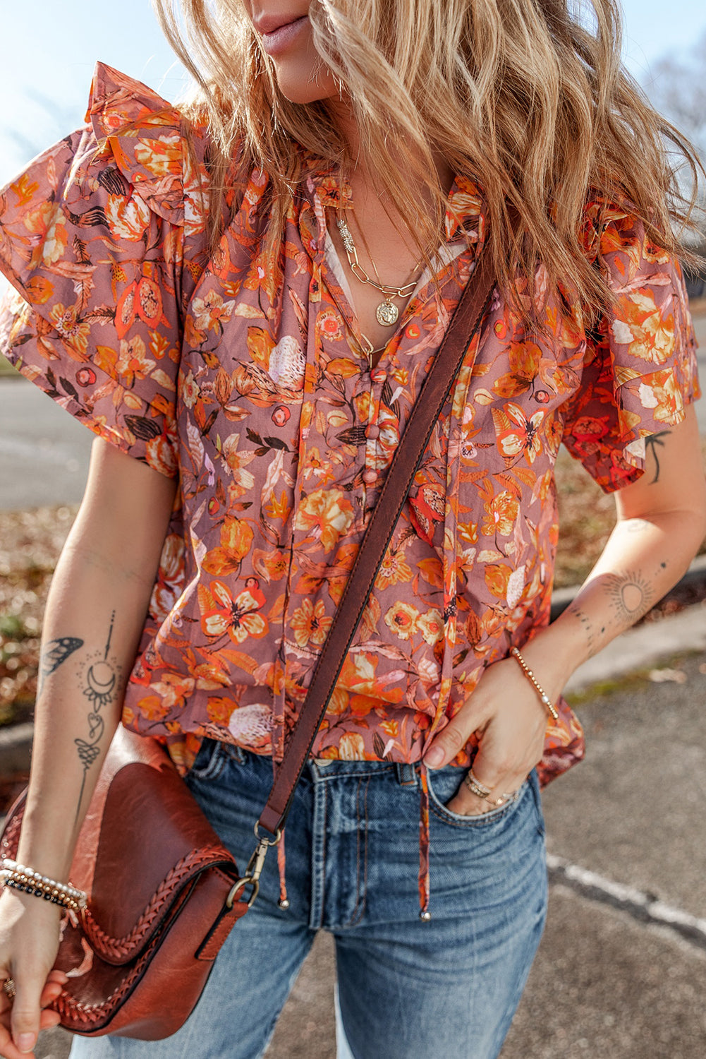 Orange Floral Print Ruffled Flutter Sleeve Frilled V Neck Blouse