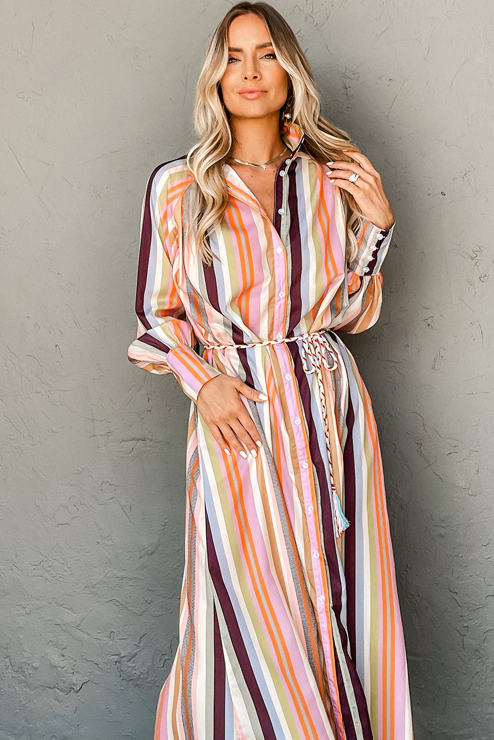 White Multicolor Striped Cuffed Sleeve Tassel Tied Shirt Maxi Dress