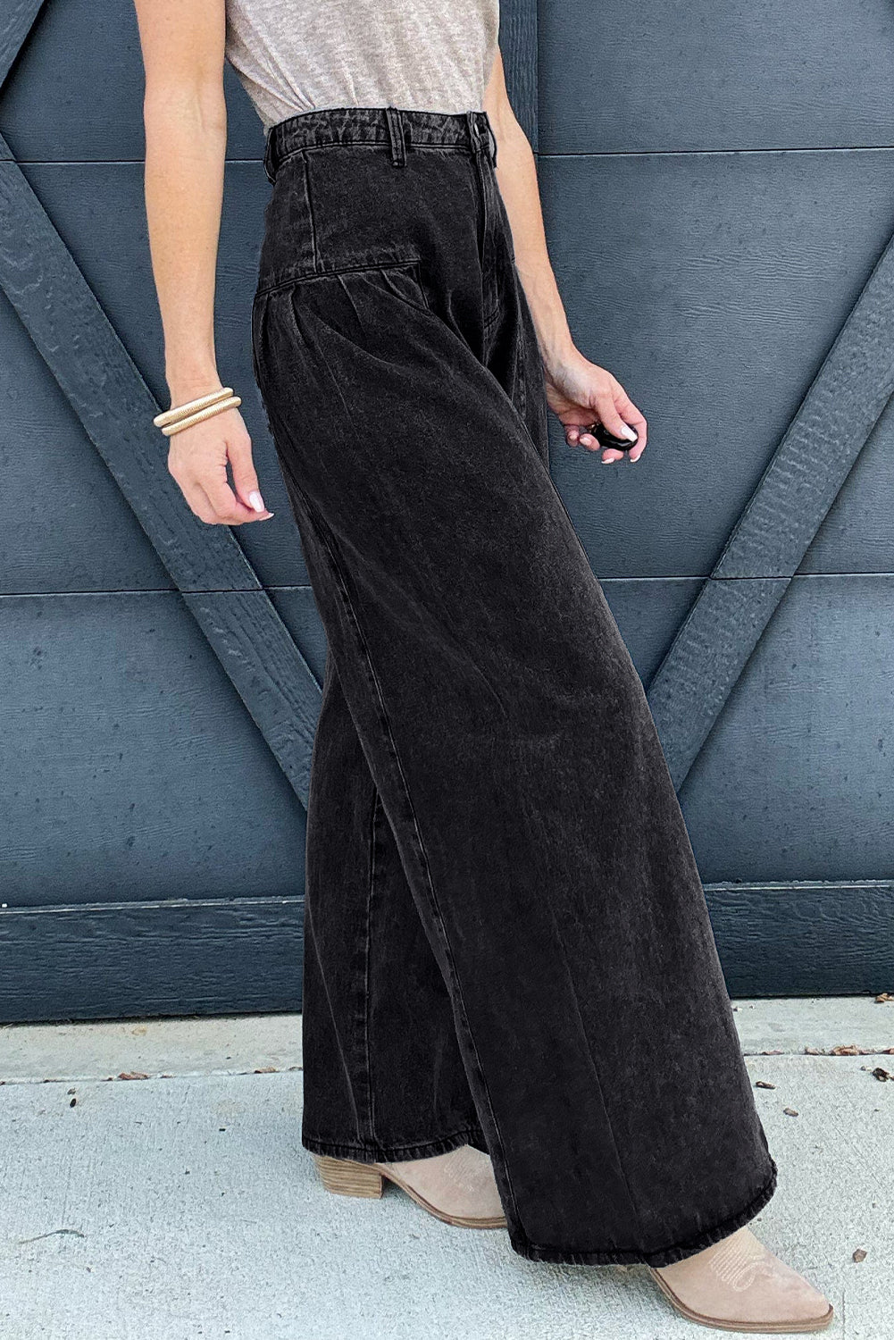 Dark Grey Pleated Wide Leg Mineral Wash Denim Pants