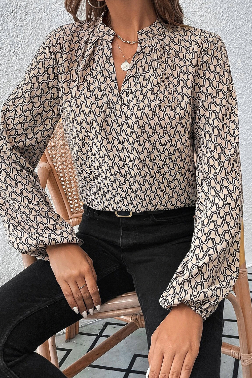 Khaki Geometric Print Notched Neck Puff Sleeve Blouse