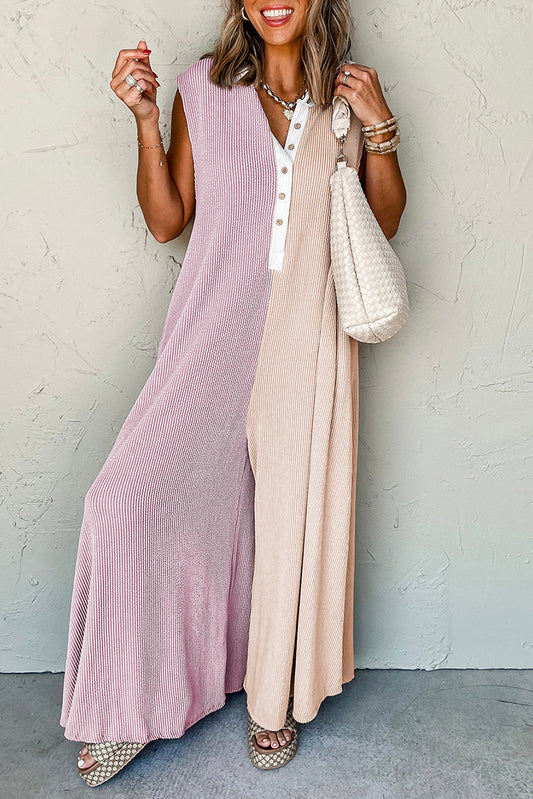 Parchment Color Block Corded Knit Buttoned Super Wide Leg Jumpsuit