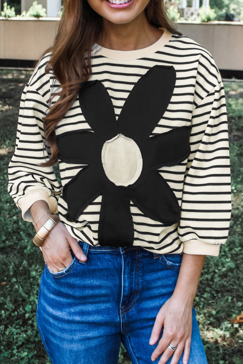 Black&White Striped Big Flower Patch 3/4 Sleeve Top