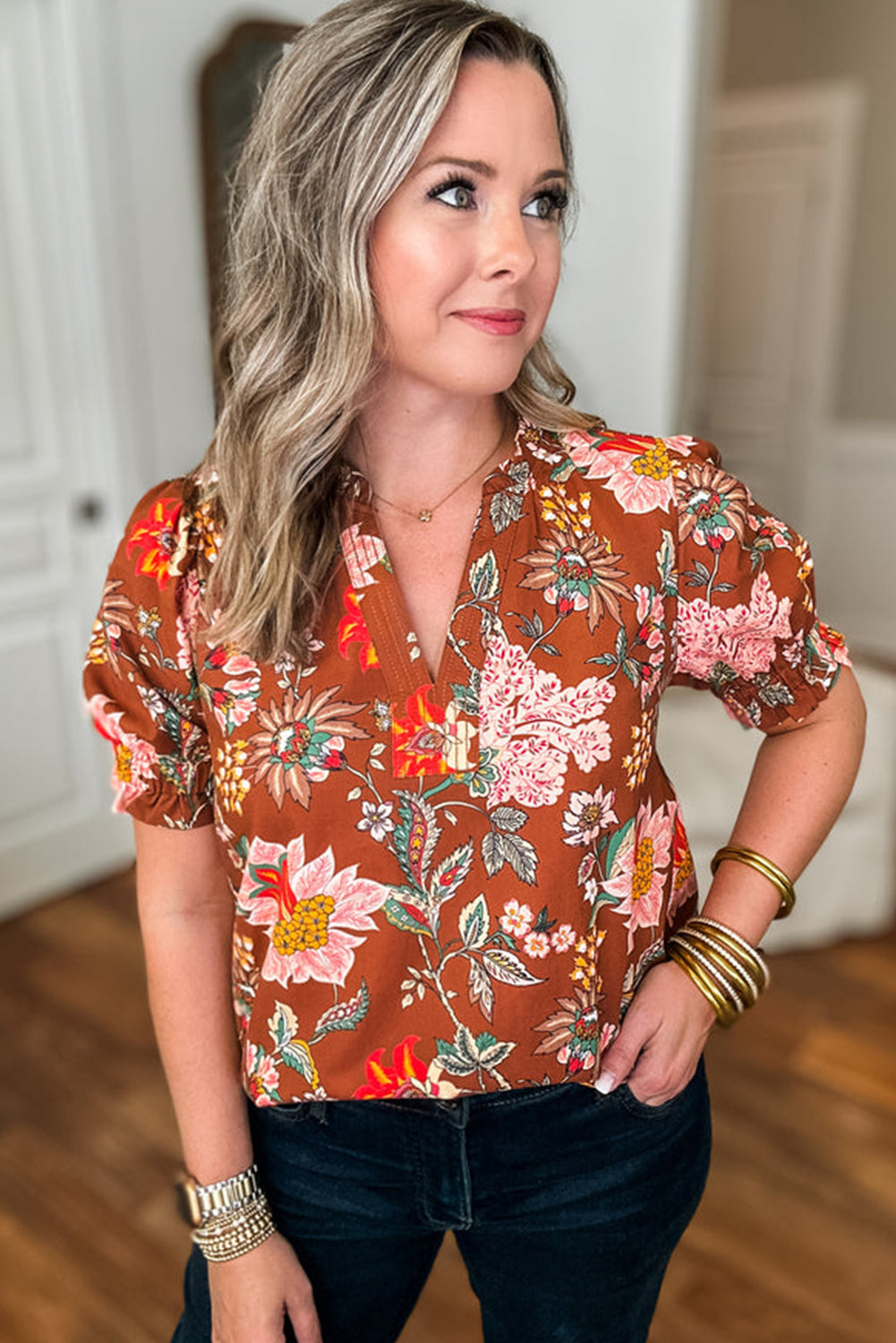 Brown Floral Stitched V Neck Frilled Trim Puff Short Sleeve Blouse