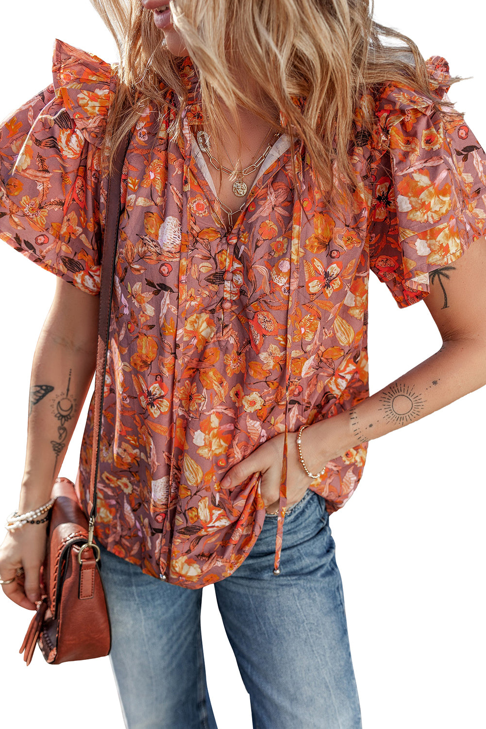 Orange Floral Print Ruffled Flutter Sleeve Frilled V Neck Blouse