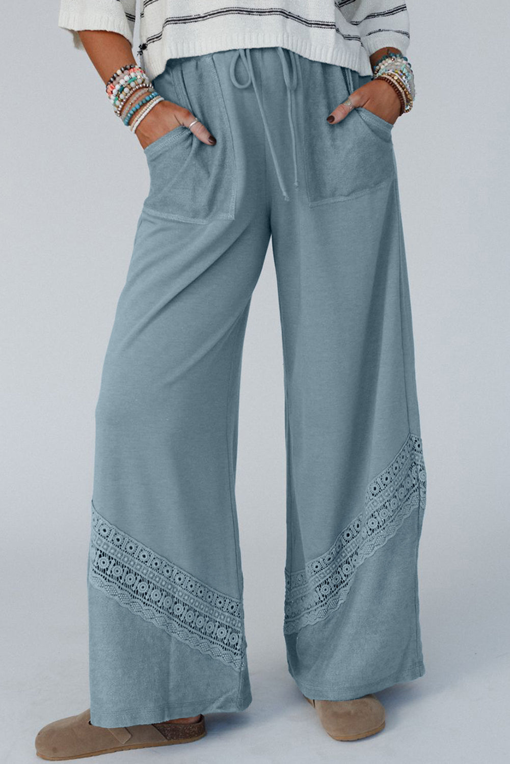 Dusk Blue Lace Crochet Patched Lace-up High Waist Wide Leg Pants