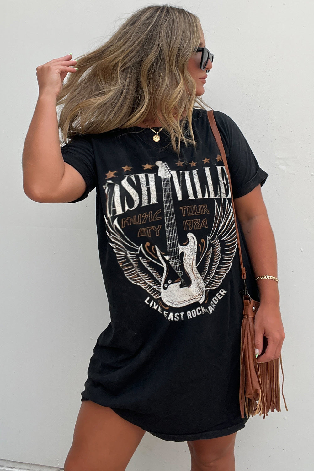 Black Nashville Guitar Print Crew Neck T Shirt Mini Dress