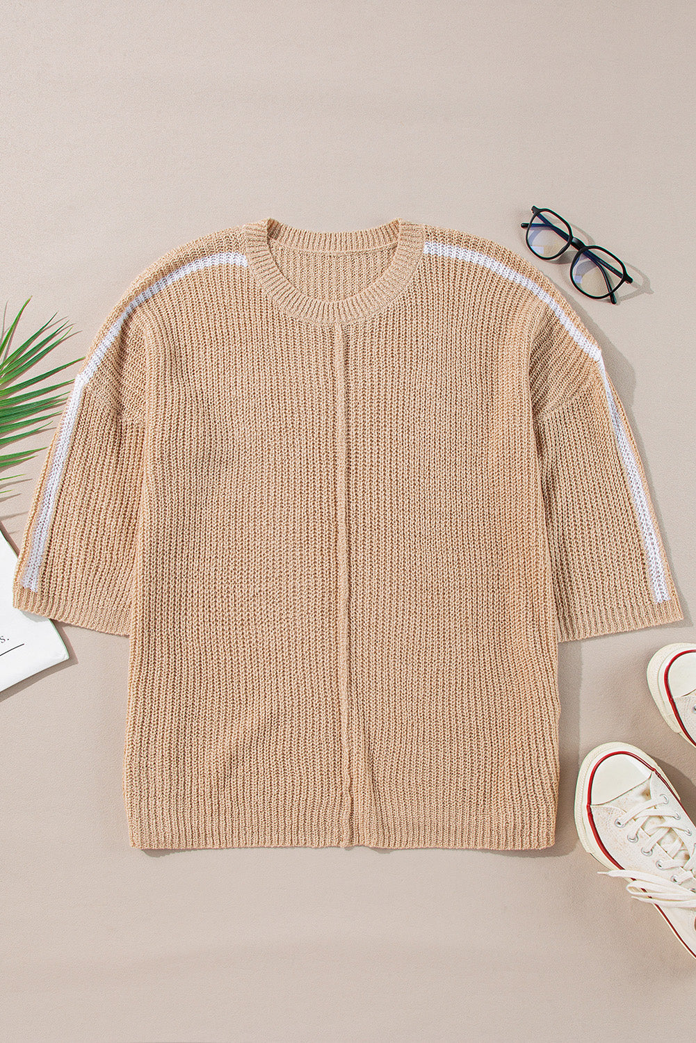 Light French Beige Contrast Striped 3/4 Sleeve Crew Neck Sweater