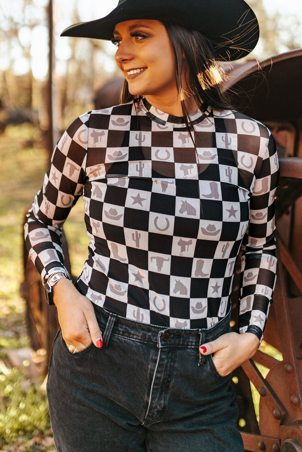 Black Checkerboard Western Elements Printed Mesh Long Sleeve Top