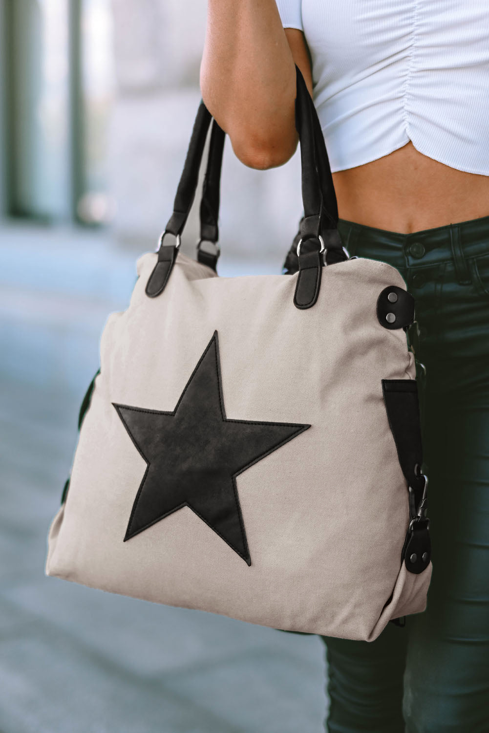 Beige Casual Five-Pointed Star Canvas Tote Bag