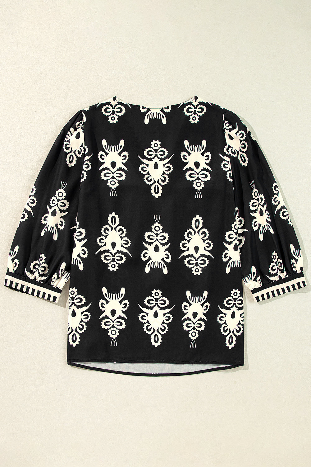 Black Vintage Geometric Printed 3/4 Sleeve V Neck Blouse