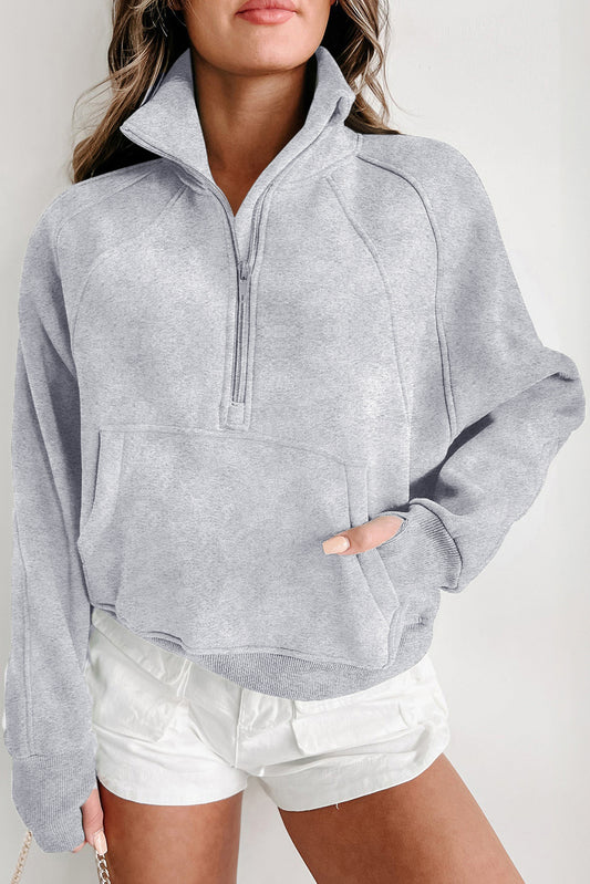 Light Grey Quarter Zip Stand Neck Kangaroo Pocket Sweatshirt