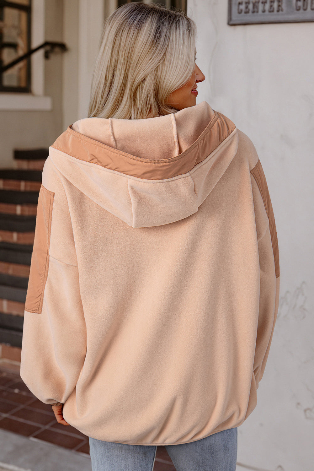 Light French Beige Colorblock Patchwork Half Zip Oversized Sherpa Hoodie