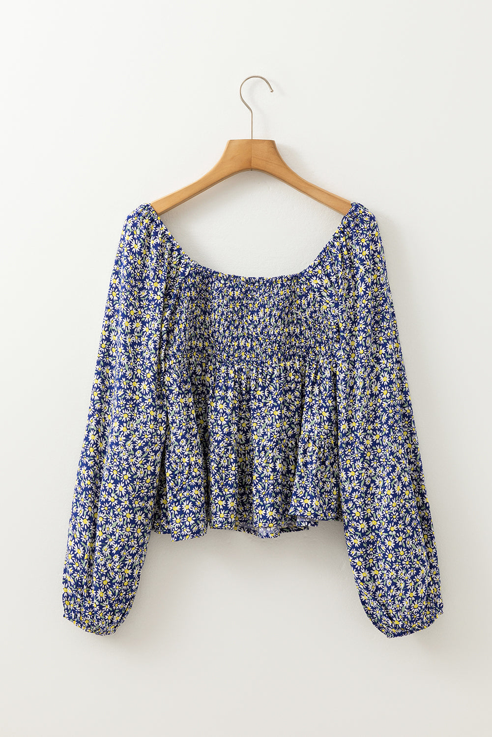 Blue Boho Floral Print Smocked Square Neck Loose Fit Blouse