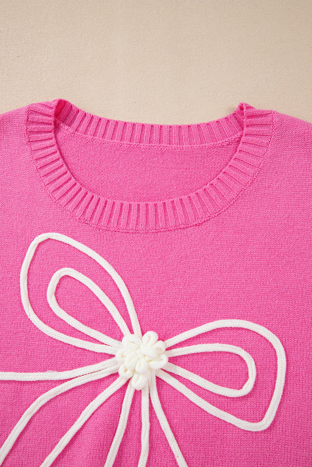 Bright Pink Corded Flower Bow Ribbed Trim Casual Sweater