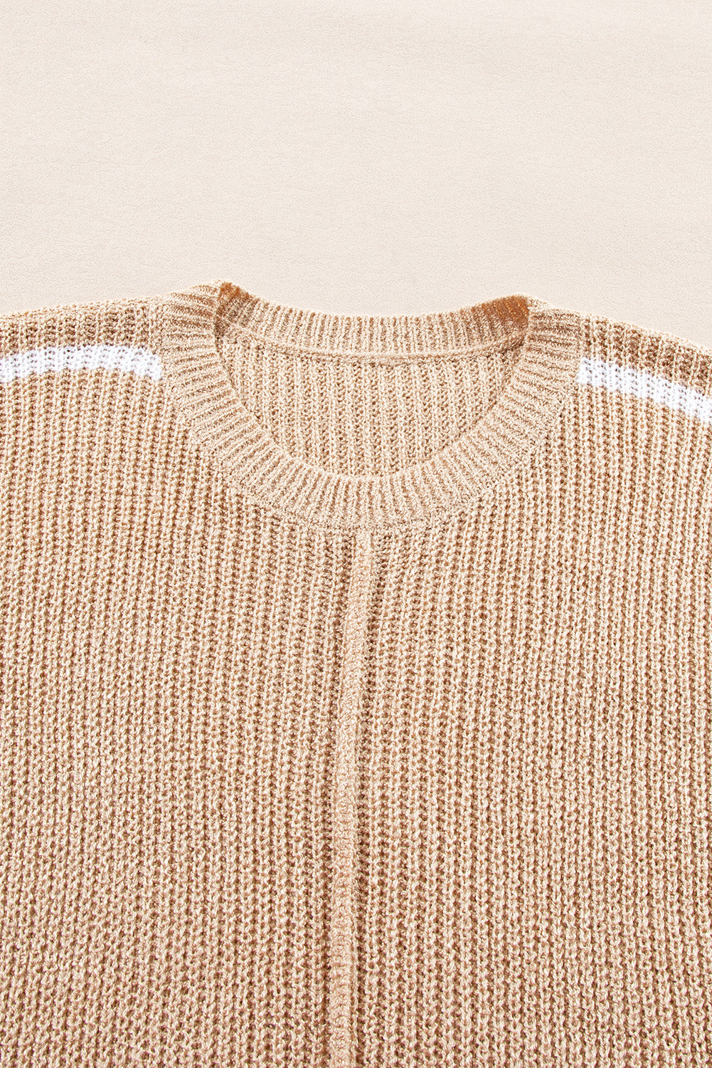 Light French Beige Contrast Striped 3/4 Sleeve Crew Neck Sweater