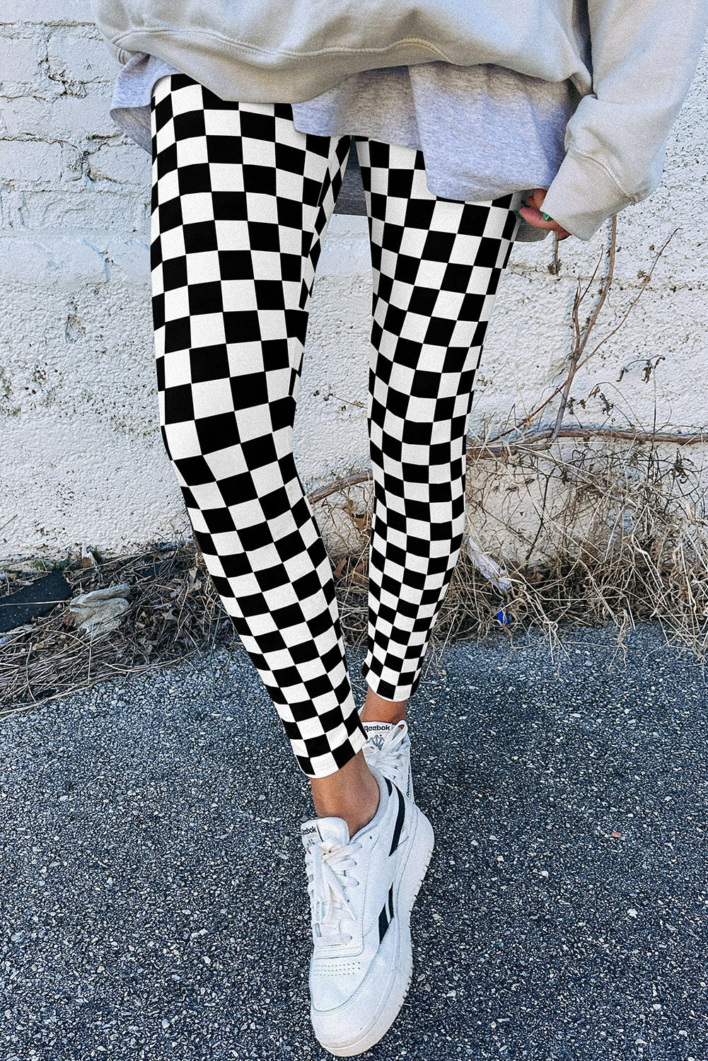 Black Checkered Pattern High Waist Skinny Leggings