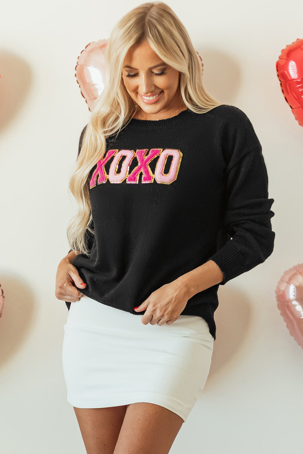 Black XOXO Glitter Print Round Neck Casual Sweater