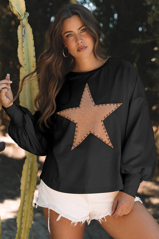 Black Studded Star Graphic Oversized Long Sleeve Top