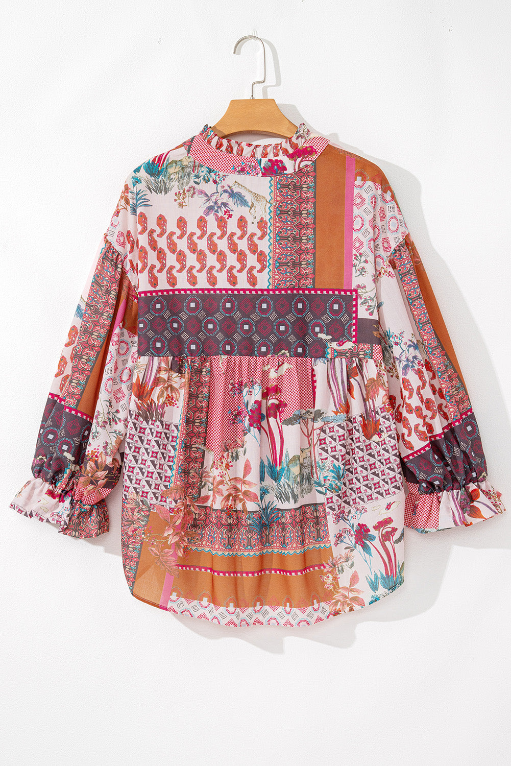 Red Boho Geometric Mixed Print Patchwork Bubble Sleeve Shirt