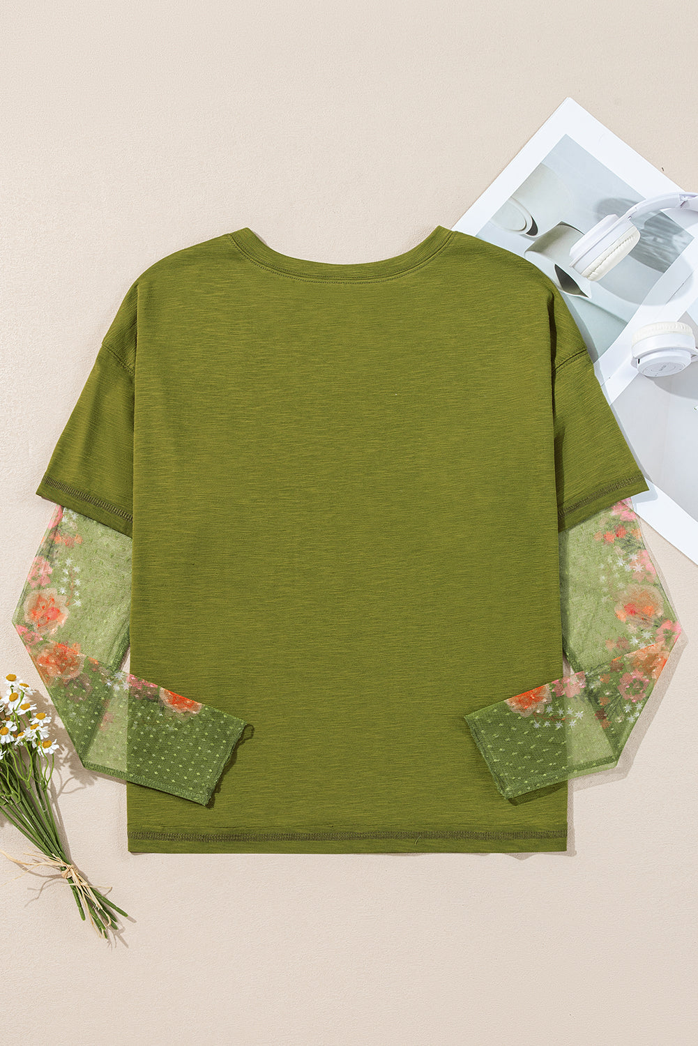 Fern Green Faux Two Piece Floral Long Sleeve Patchwork Tee