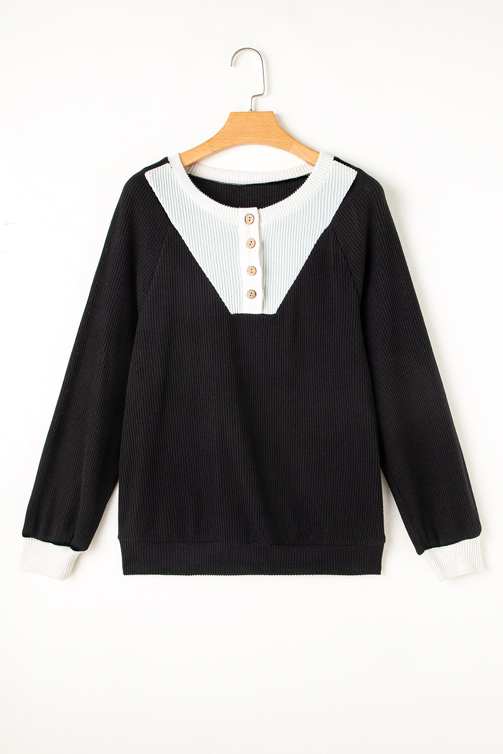 Black Color Contrast Ribbed Loose Fit Long Sleeve Top